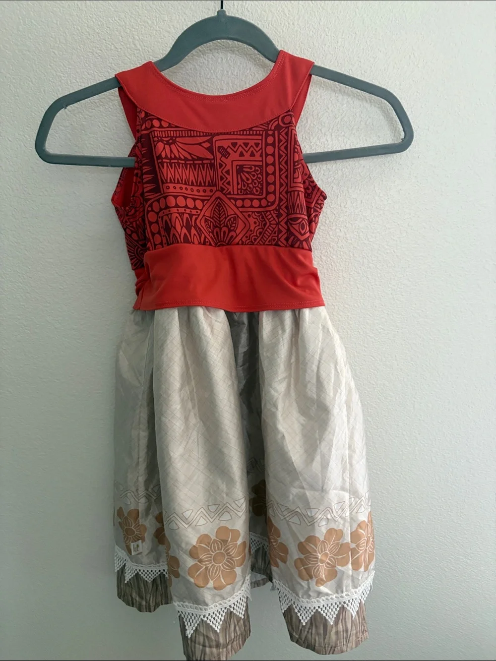 Moana Red and Cream Girls' Costume Dress with Floral Skirt